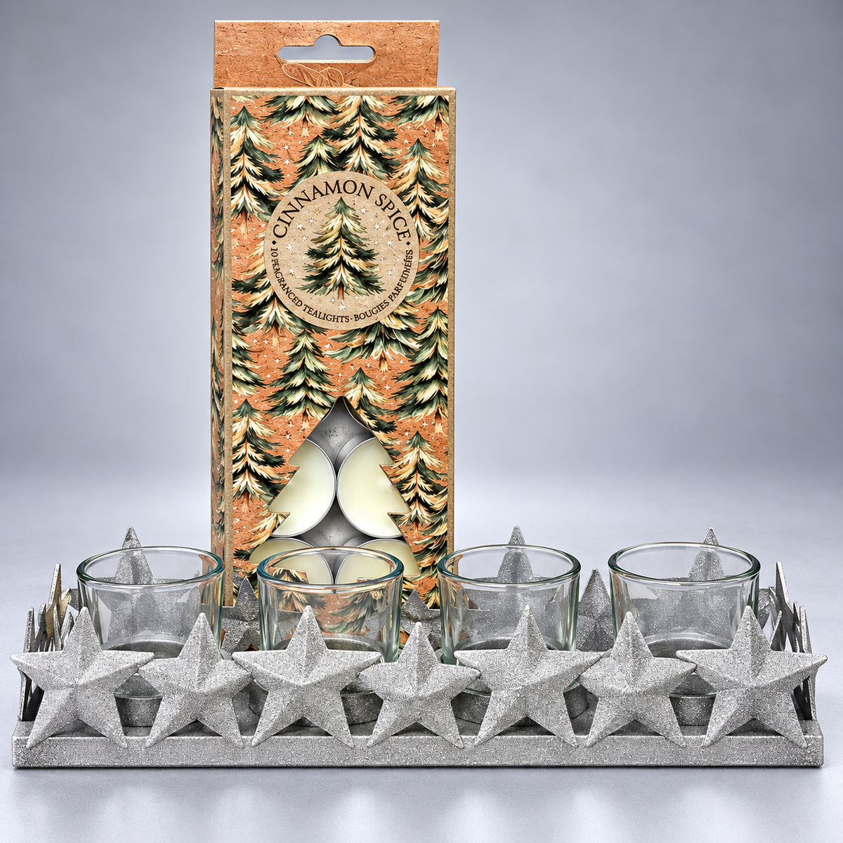 Christmas Candle Metal Holder and Set of Scented T-Lights