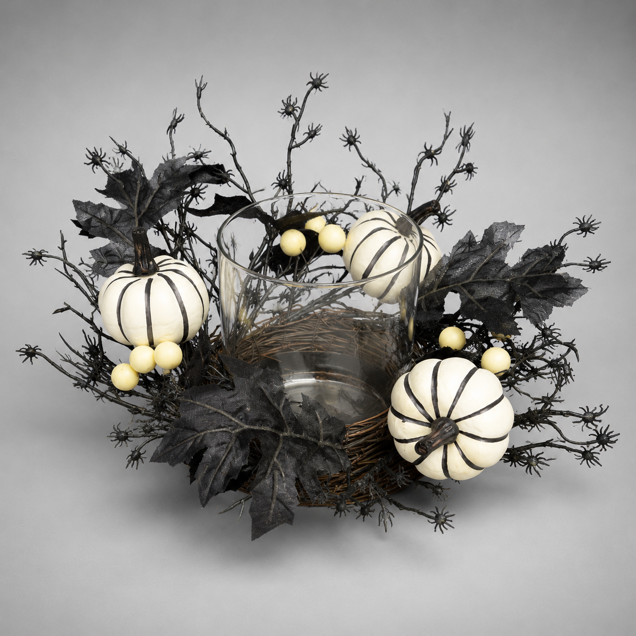 Pumpkin Black/White Wreath and Glass Vase